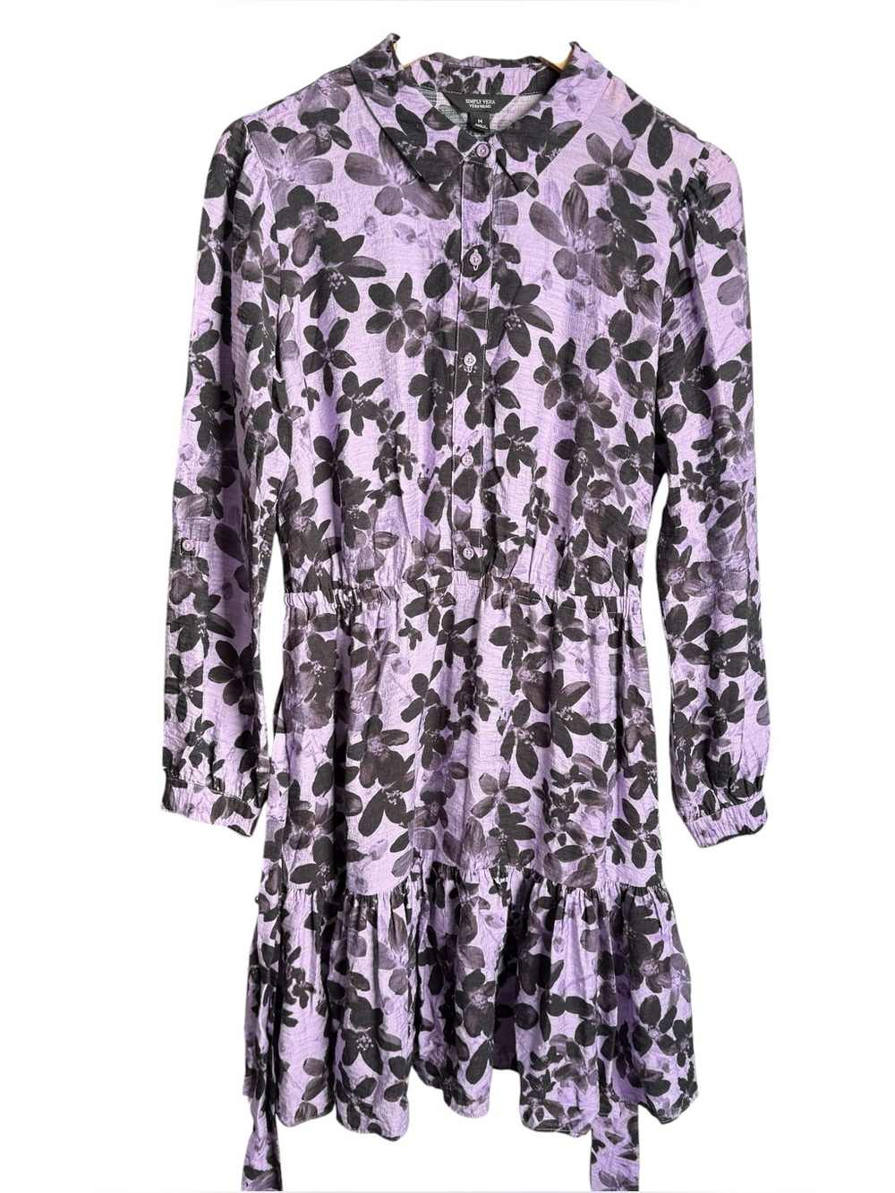 Simply Vera Vera Wang Mini Shirt Dress Size Medium Purple Floral Button Front - Picture 3 of 11